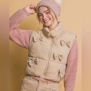 Love Tree Bow Puffer Vest Beige Coquette Zip Up Small